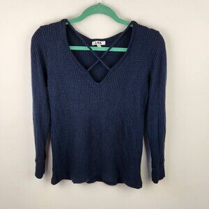 LNA Revolve Cross Strap Waffle Knit Long Sleeve Thermal Sweater Top Navy Blue M